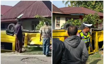 Pecah Ban Belakang Sebelah Kanan, Angkutan Umum dengan 14 Orang Penumpang Terbalik di Simawang