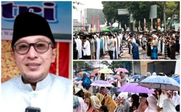 Hujan Guyur Kota Batusangkar, Pelaksanaan Ibadah Idul Fitri di Lapangan Cindua Mato Pakai Payung